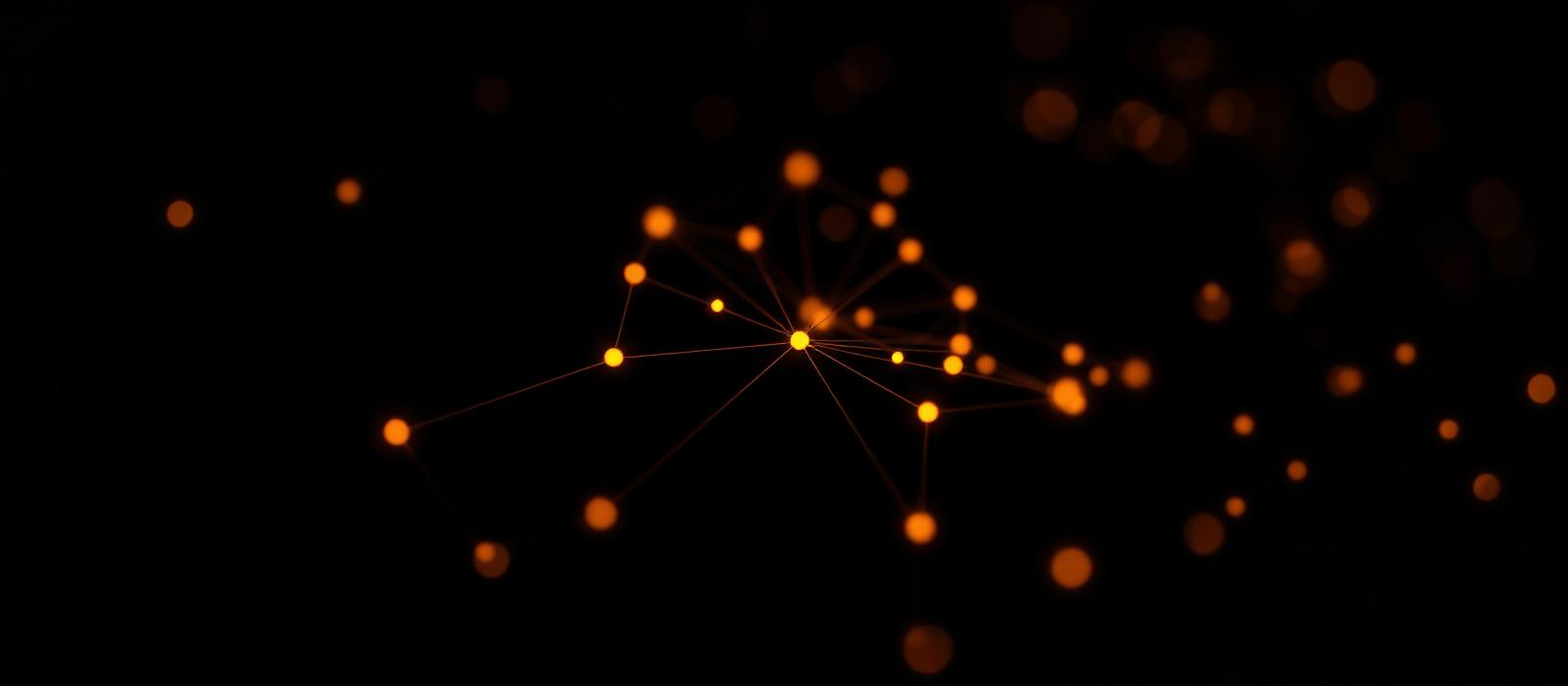 Abstract network of connected amber nodes representing the KOLAB AI agent stack